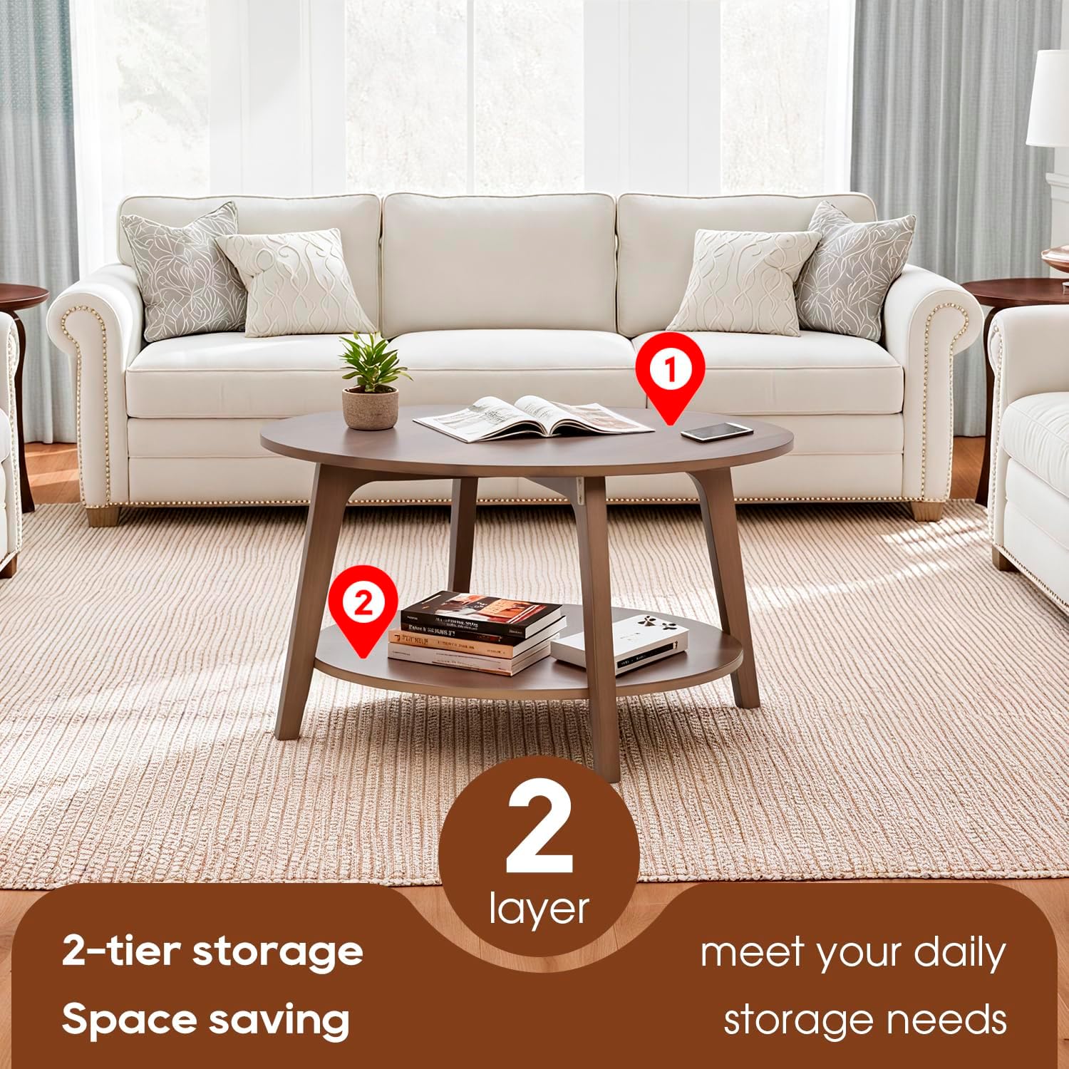 ☕ Round Coffee Table with Storage 🪵 Stylish & Functional Living Room Table ✨🏡